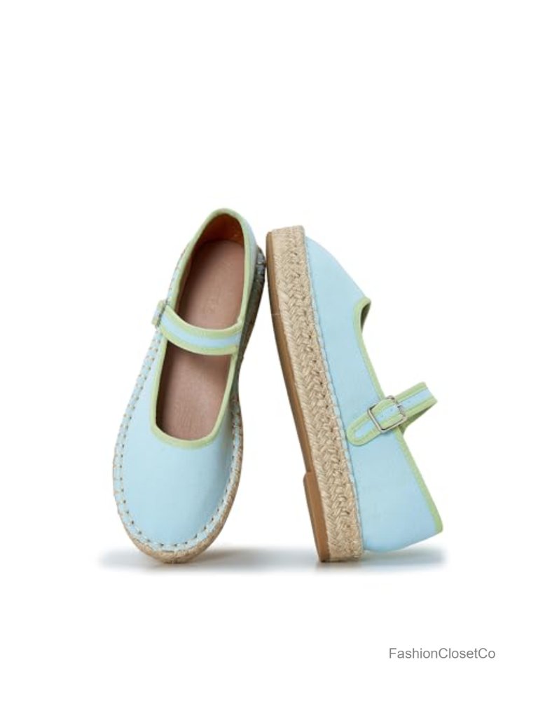Women's Canvas Mary Jane Flats With Adjustable Strap Espadrille Platform Closed